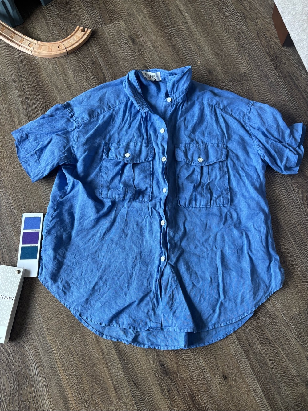 Alex Mill Heliotrope Button Down short sleeve blouse 100% linen blue